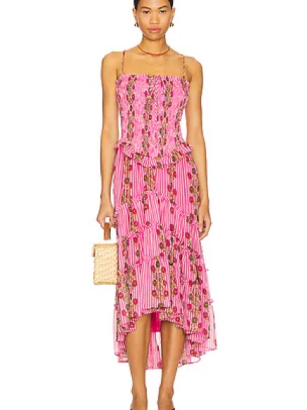Free People Alejandra Pink Floral Smocked Midi Dress
